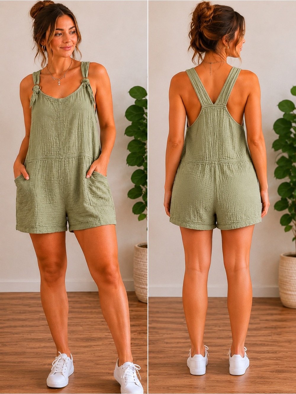SO Sage Green Double Gauze Romper / Short Jumpsuit | XL Boho Cottagecore Utility